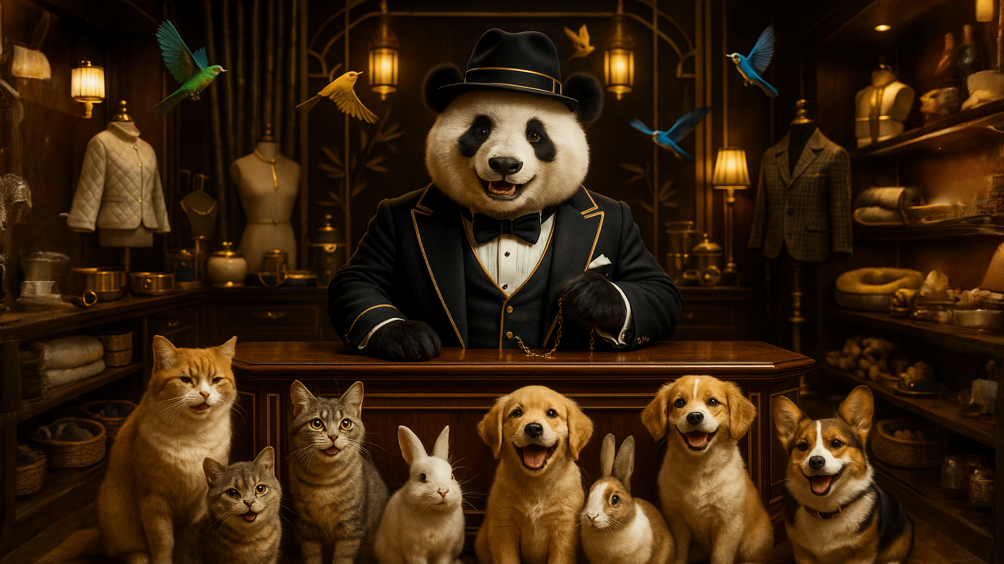 Panda in a suit with animals in a vintage store setting